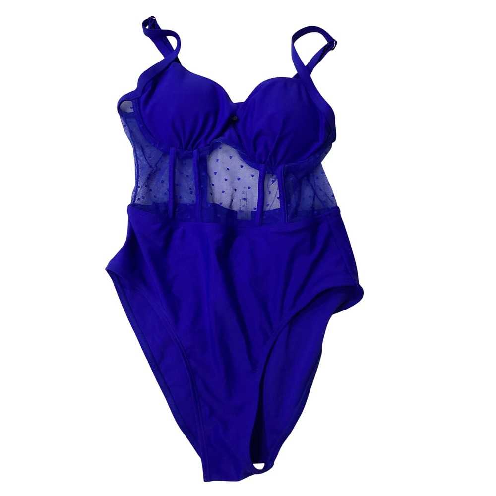 Royal‎ Blue Mesh Heart Corset One Piece Swimsuit Underwire High Cut Small